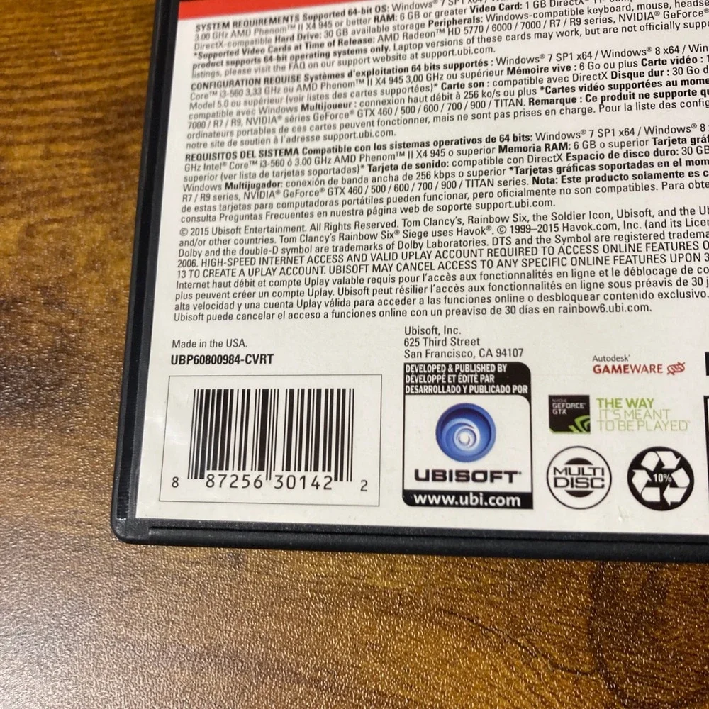 Tom‎ Clancy's Rainbow Six Siege PC DVD ROM Game Ubisoft ESRB Mature 17+